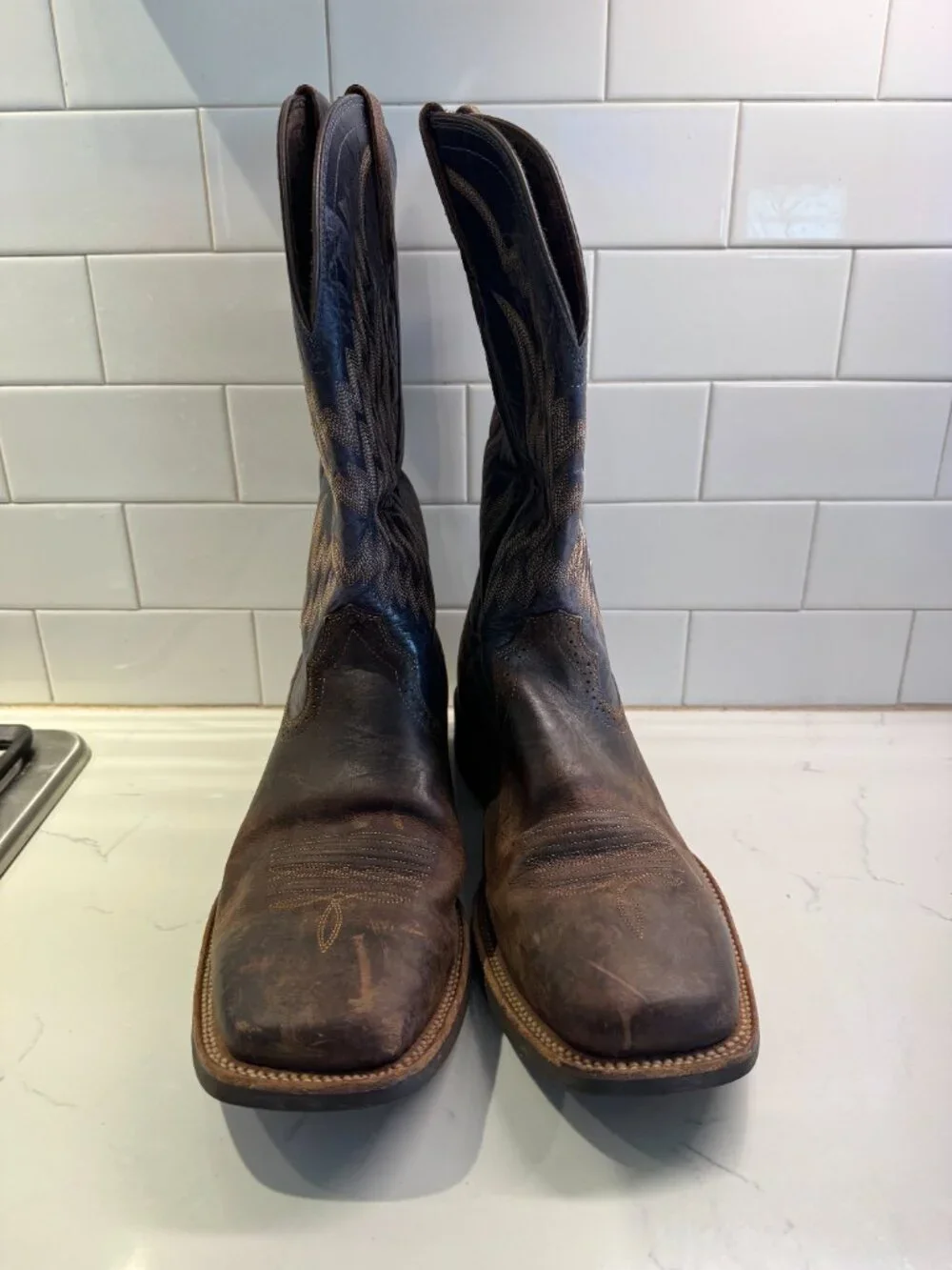 Ariat Tycoon Western Boots Mens 12EE Extra Wide Square Toe Brown Dark Blue Leath